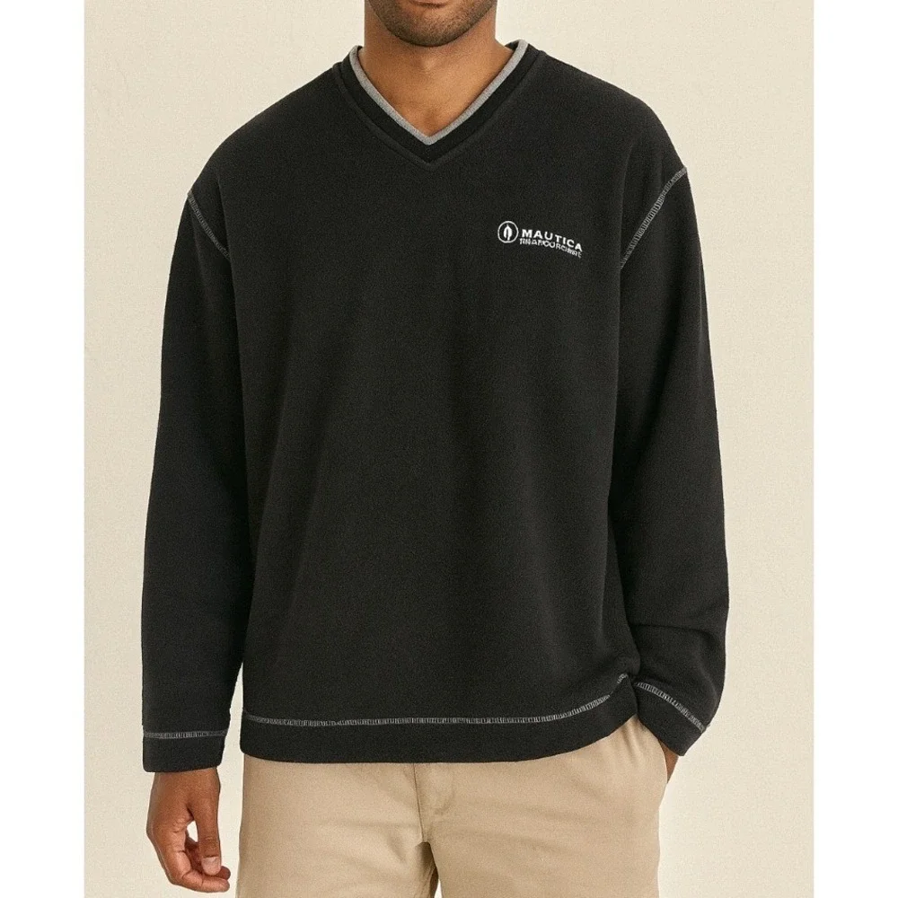 Nautica Jeans Company Vintage Men's‎ Black Fleece V-Neck Pullover Sweater XL